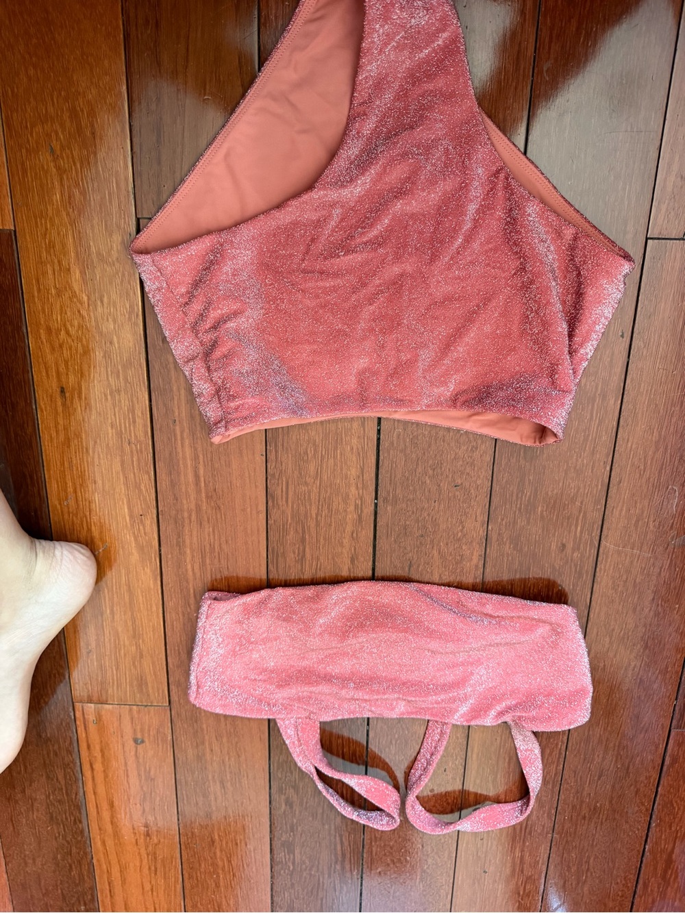 Mikoh Shimmery Coral Pink One-Shoulder Crop Top with Bandeau